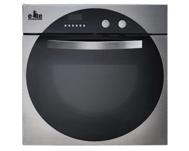 Modern electric + gas oven featuring multiple knobs and glass door.