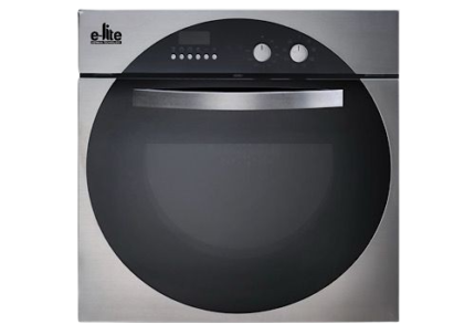 Modern electric + gas oven featuring multiple knobs and glass door.