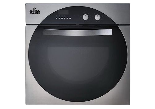 Modern electric + gas oven featuring multiple knobs and glass door.